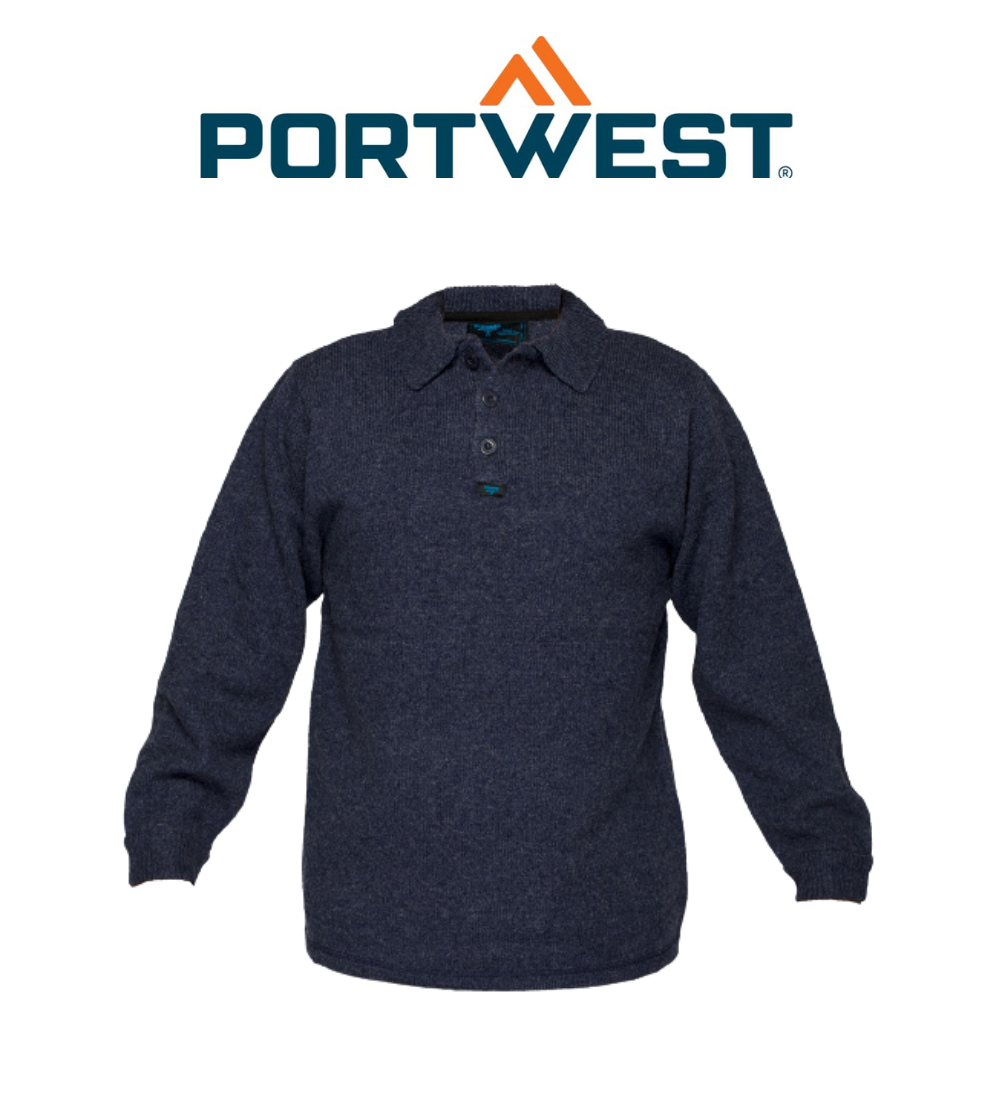 Portwest Wool Knit Jumper Collared Navy Button Opening Long Sleeve MW863