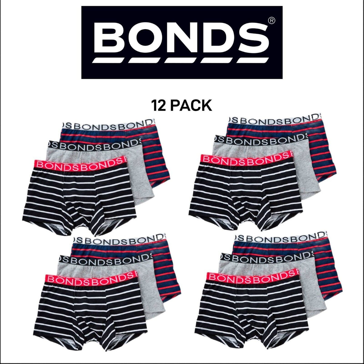 Bonds Boys Trunk Classic Branded Soft Elastic Stretch Waistband 12 Pack UXYJ3A