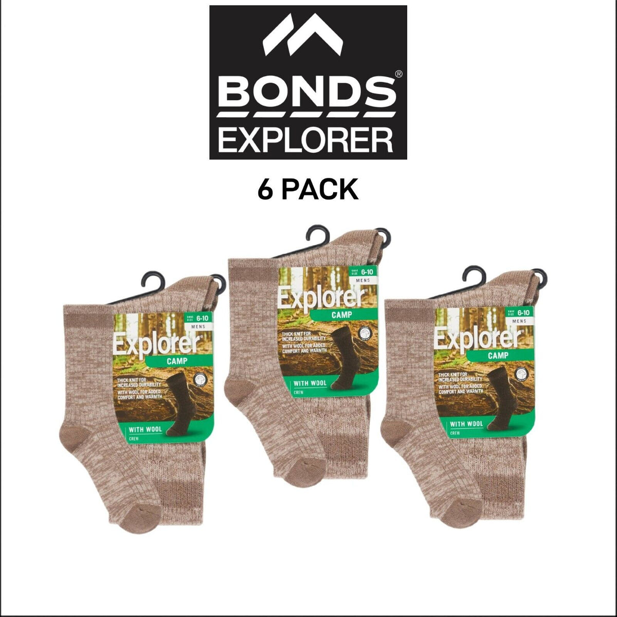 Bonds Explorer Camp Wool Crew Soft Cushioned Durable Sock 6 Pack SYQE1N