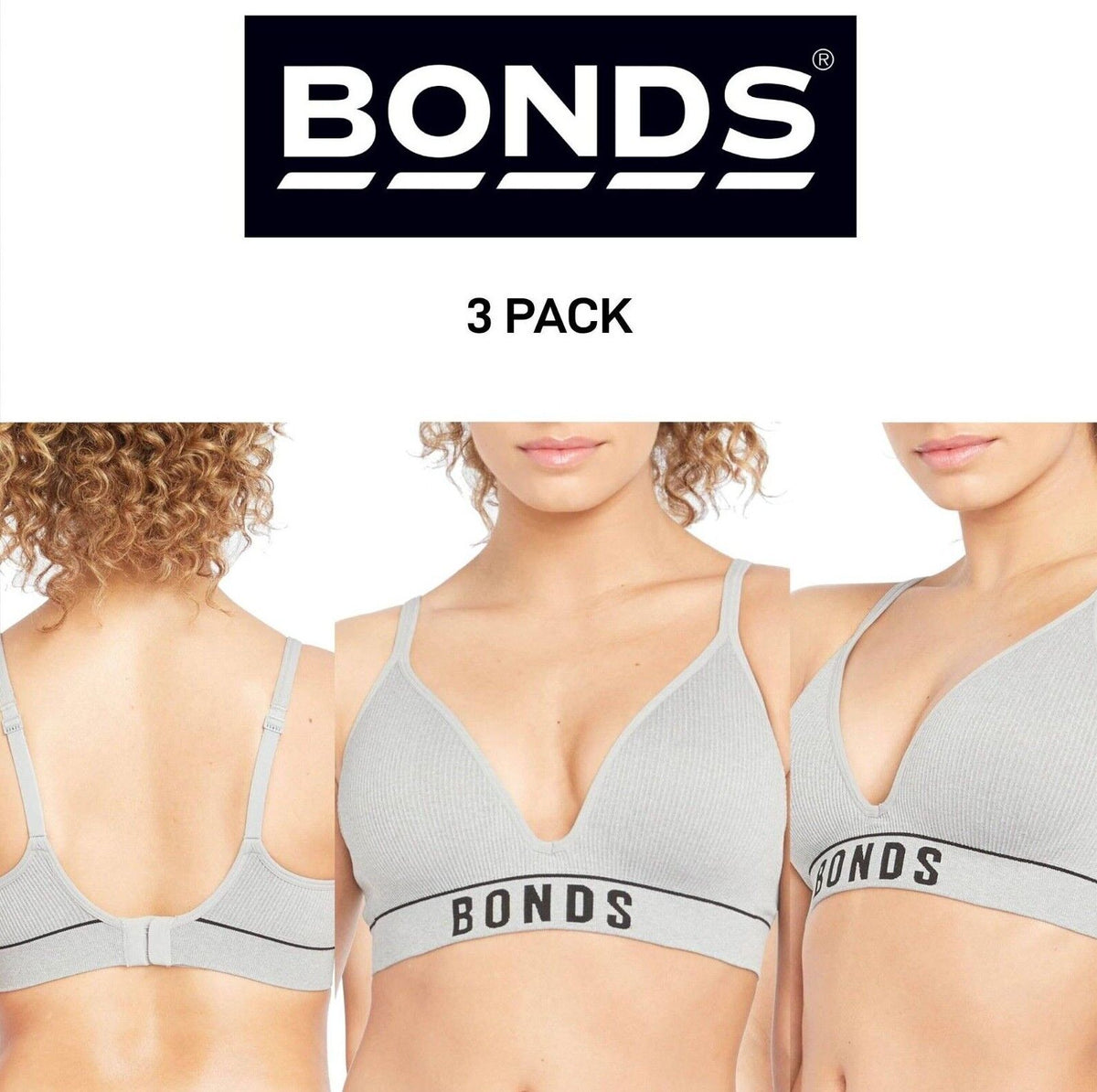 Bonds Womens Retro Rib Seamless Wirefree Tee Bra Contoured Shape 3 Pack WU8EW