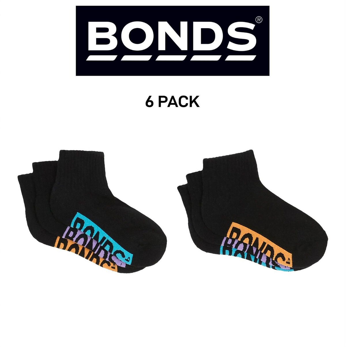 Bonds Kids Cushioned Quarter Crew Socks Comfy Stay Put Grip Soles 6 Pack RXVP3N