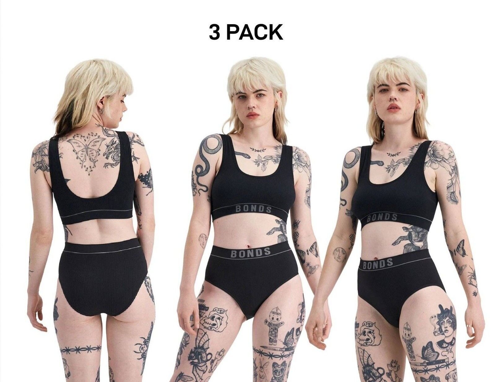 Bonds Womens Retro Rib Seamless Hi Hi Bikini High Waist & High Leg 3 Pack WU8FT