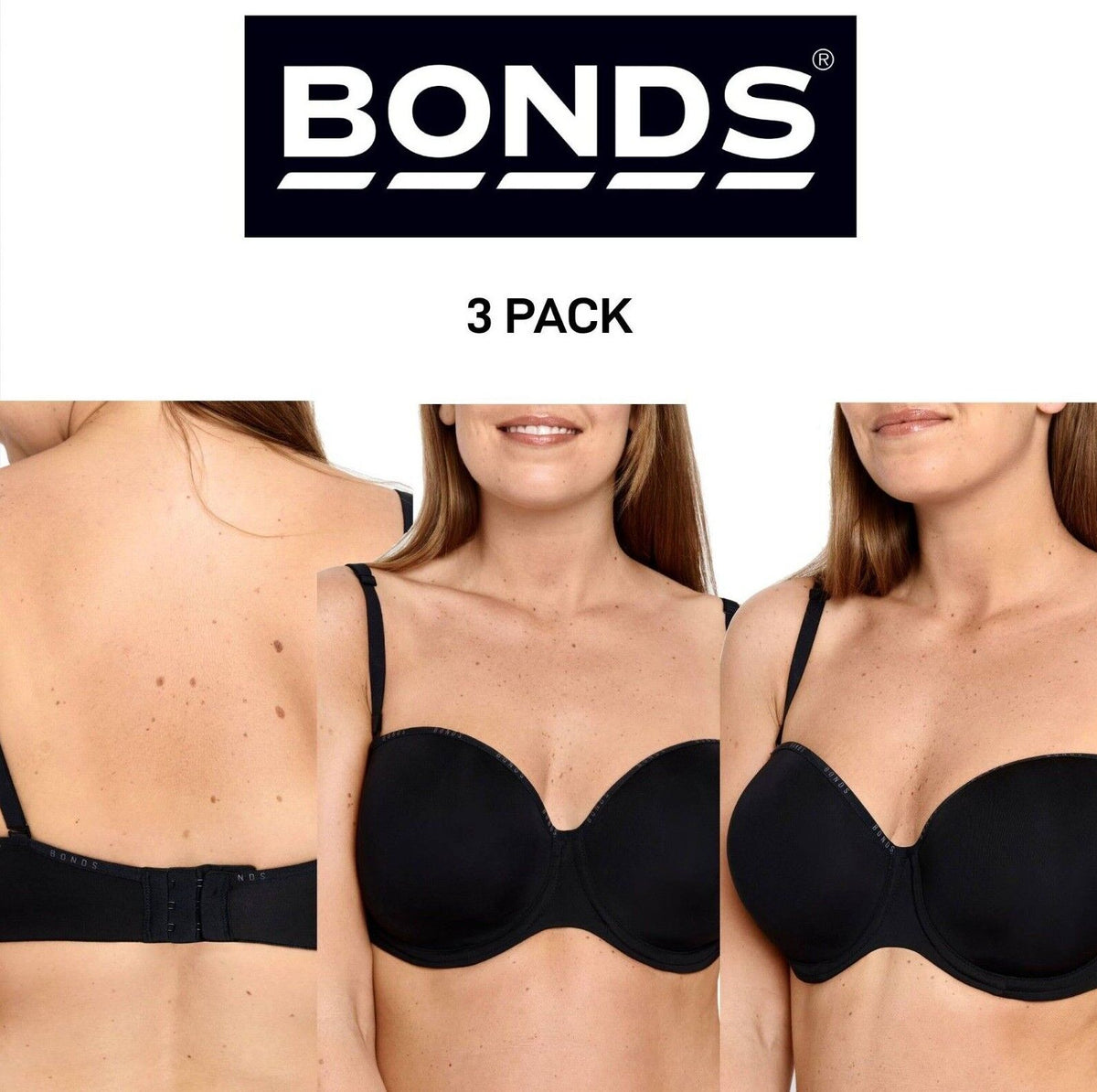 Bonds Womens Invisi Strapless Full Busted Bra Flexible Underwire 3 Pack YXEP