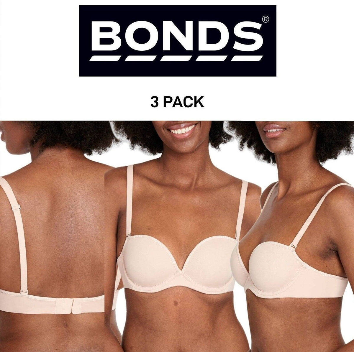 Bonds Womens Invisi Strapless Full Busted Bra Comfort Soft Silicon 3 Pack YXC3Y