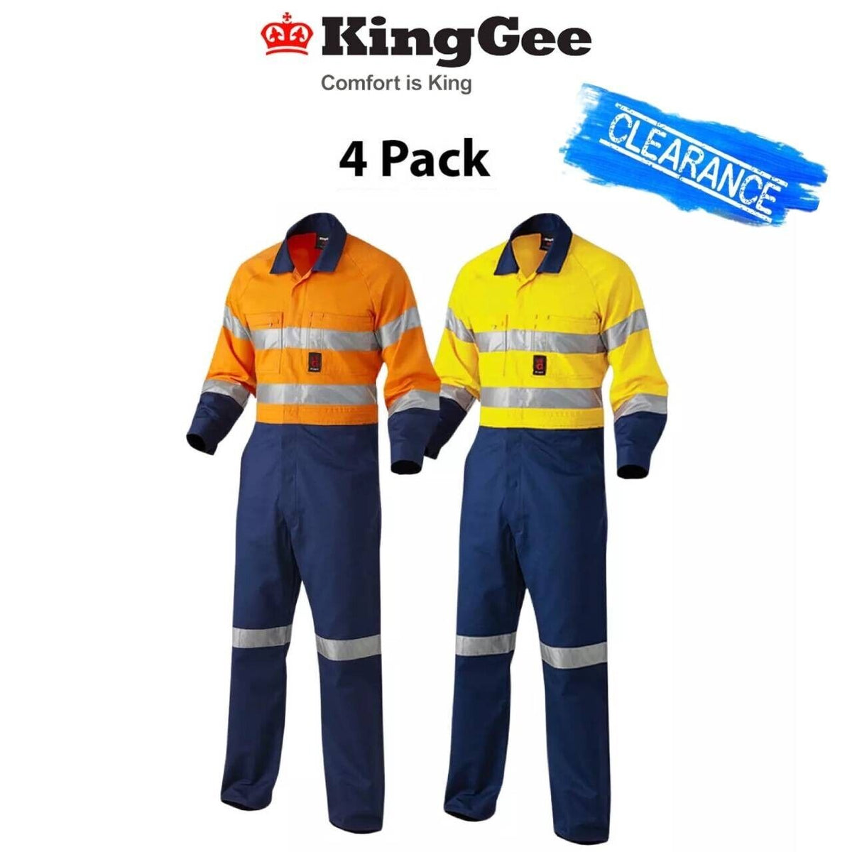 CLEARANCE! KingGee Mens 4Pack Hi-Vis Drill Overalls Spliced Cotton Safety K51525