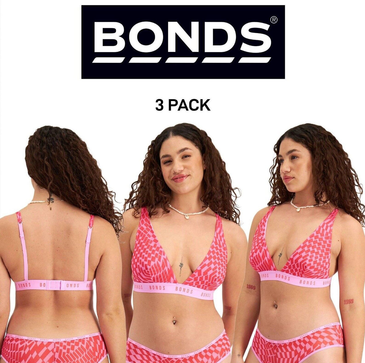 Bonds Womens Icons Mesh Deep V Crop Bra Comfortable Adjustable Strap 3 Pack WR9G