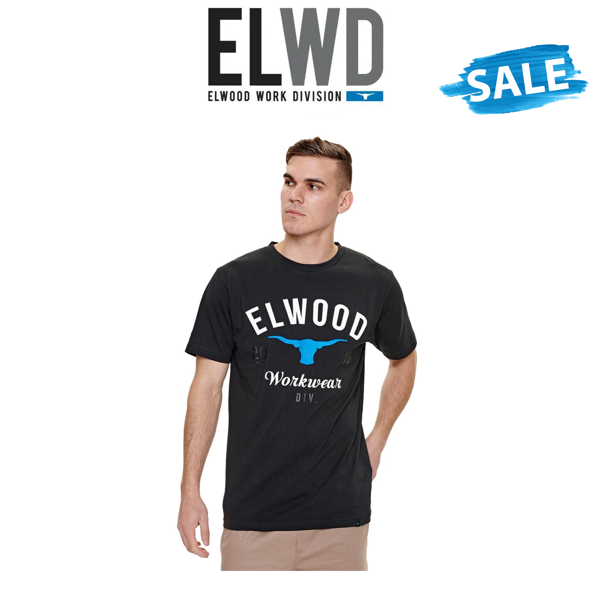 SALE Elwood Mens Bulls Horns Tee Cotton Short Sleeve Stretch T-Shirt Work EWD811