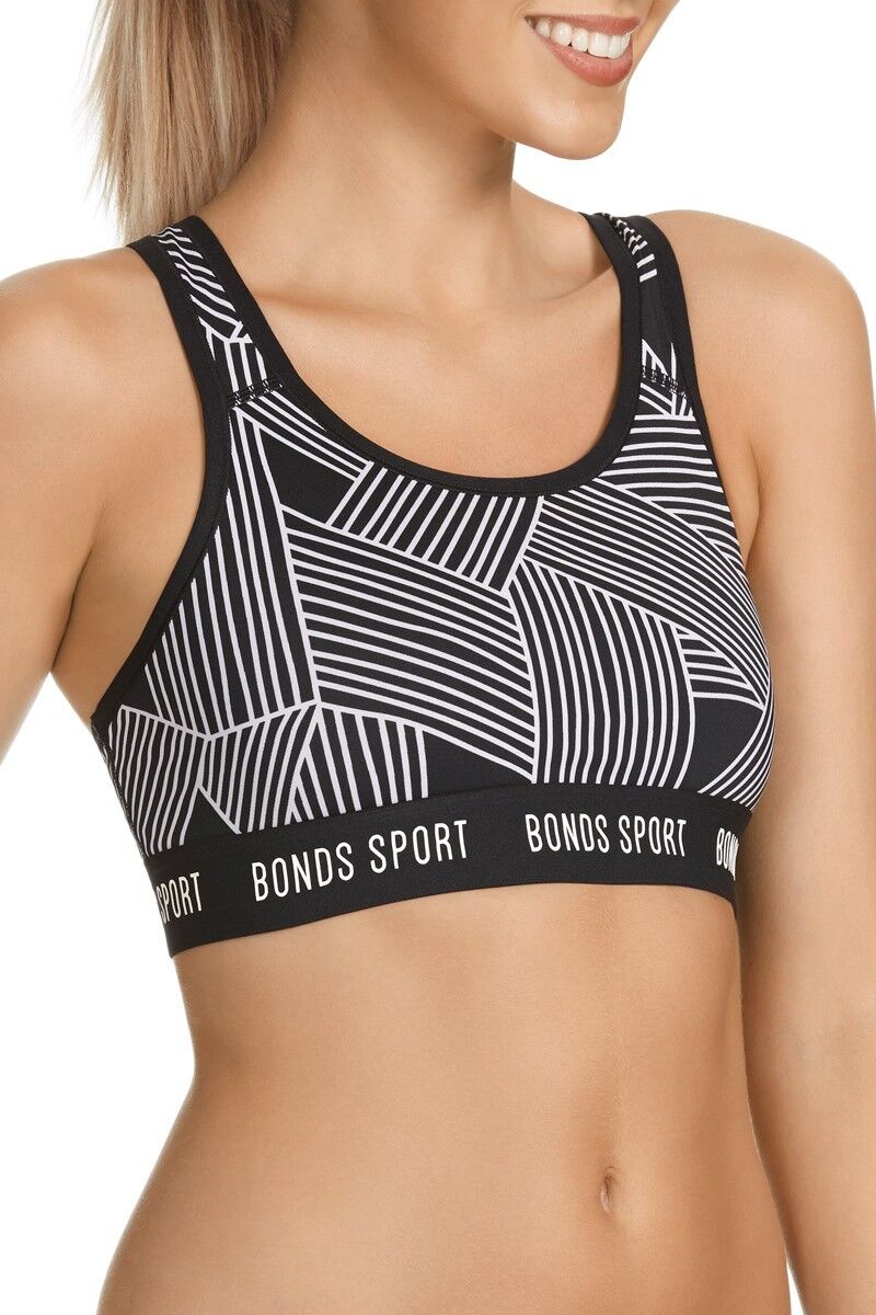 Womens Bonds Active Micro Crop Body Top Running Gym Yoga Geometric Black White