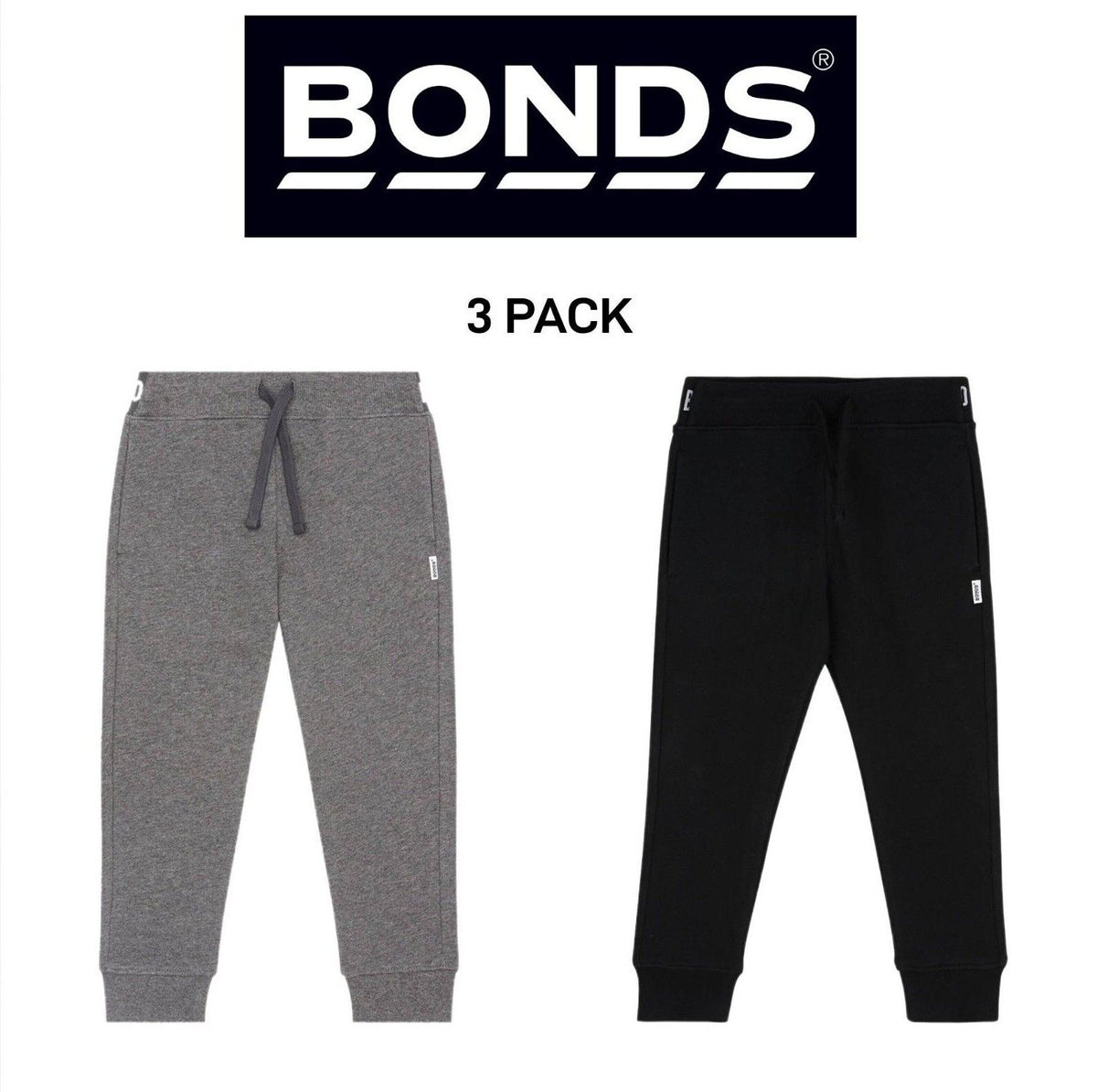 Bonds Kids Fleece Trackie Pants Drop Crotch Styling & Tapered Legs 3 Pack KVRJK