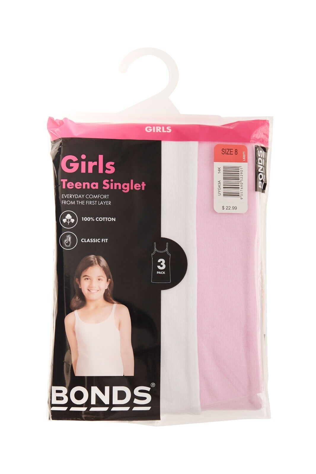 Bonds Girls Teena Singlet Super Stretchable Stay Comfortable 3 Pack UYG43A