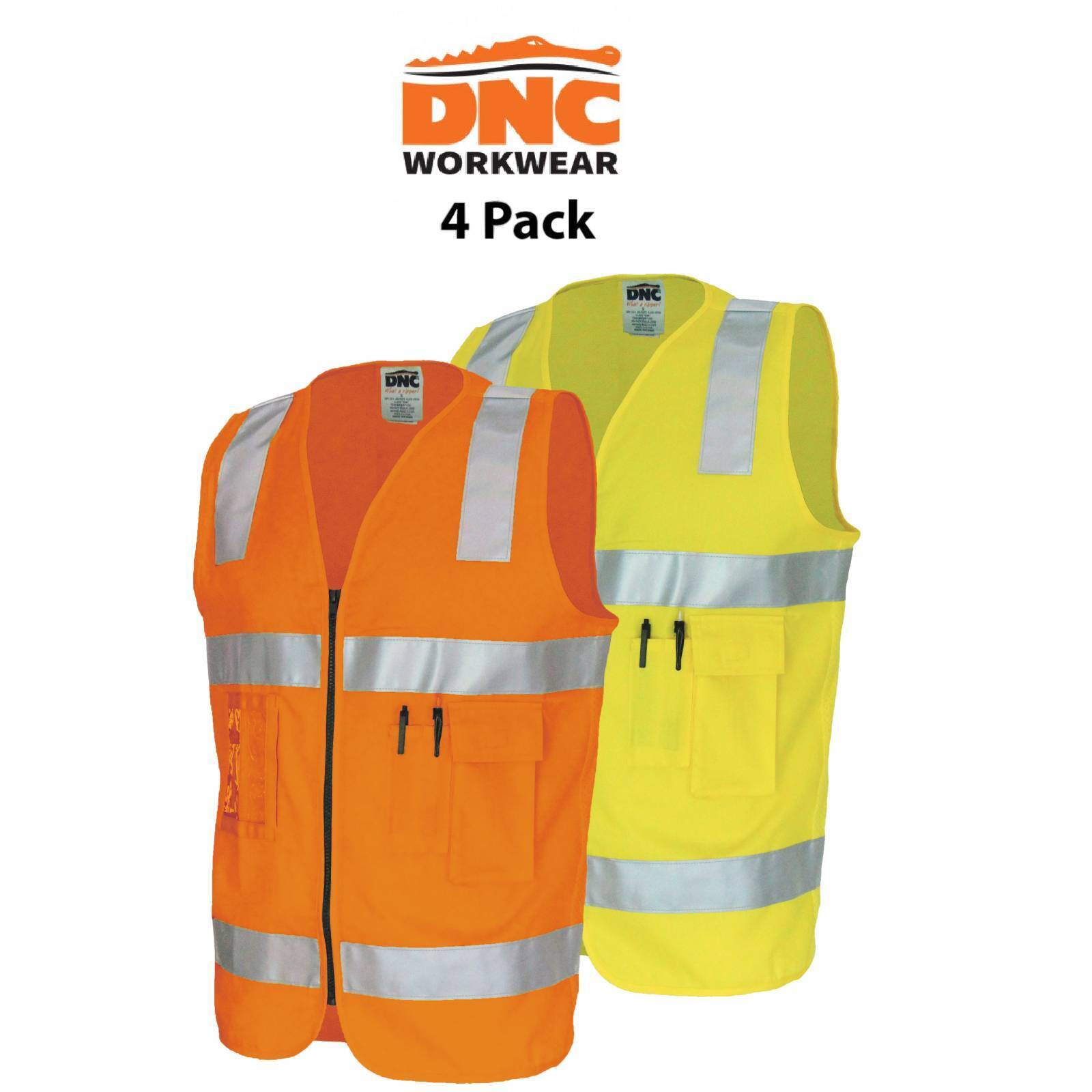 DNC Mens 4 Packs Day/Night Cotton Workwear Safety Reflective Safety Vests 3809