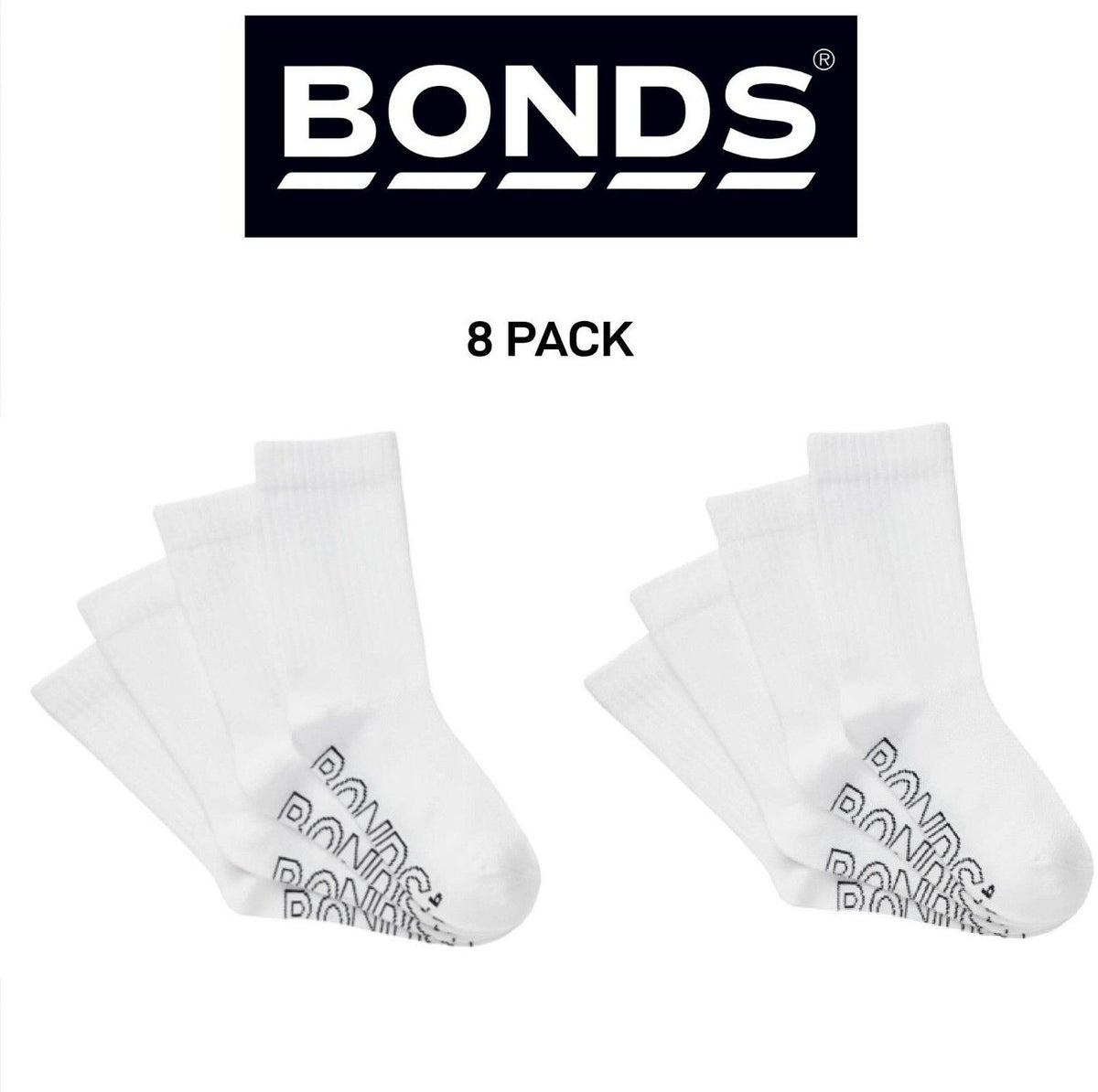 Bonds Kids Logo Light Crew Sock Soft Cotton Mesh Cooling 8 Pack RXVJ4N