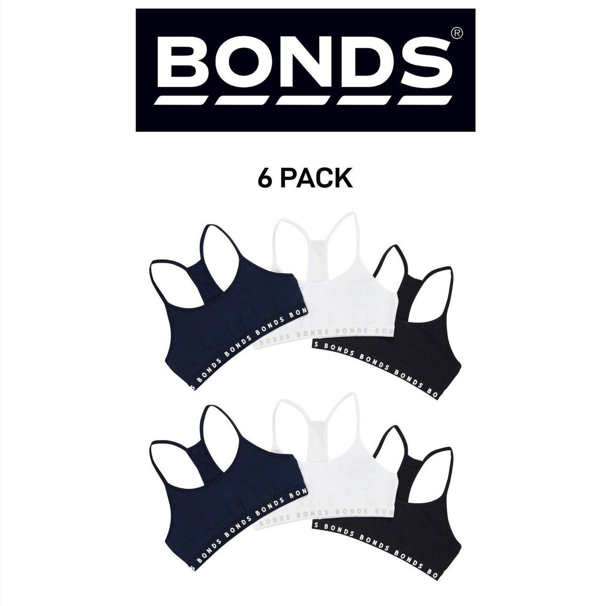 Bonds Girl Hipster Racer Crop Non-Slip Strap Racerback Shape Bra 6 Pack UWPT3A