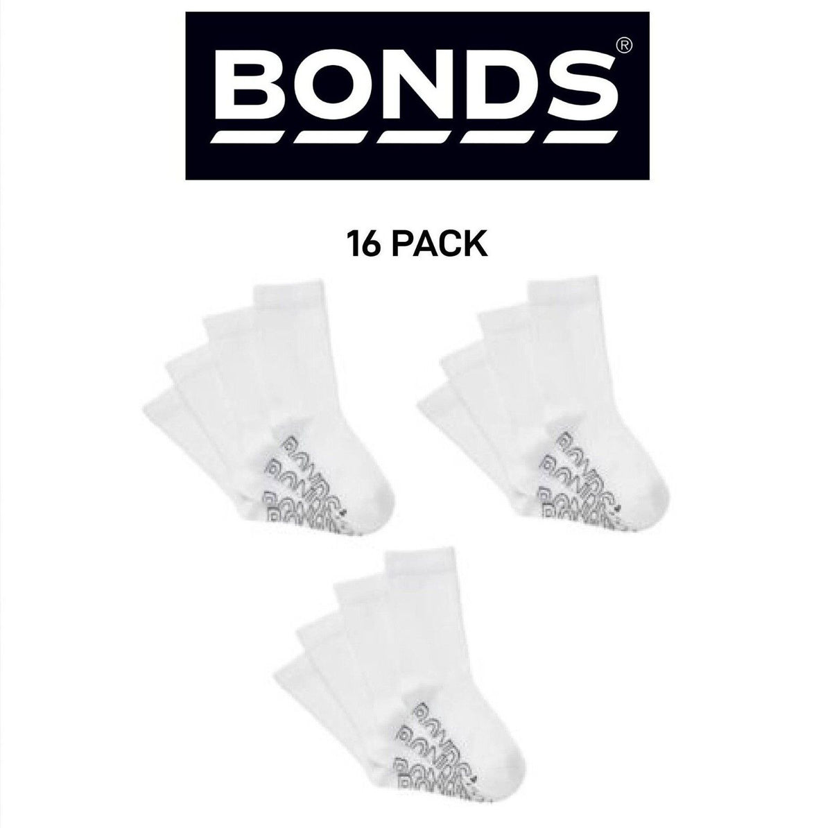 Bonds Kids Logo Light Crew Sock Soft Cotton Mesh Cooling 16 Pack RXVJ4N