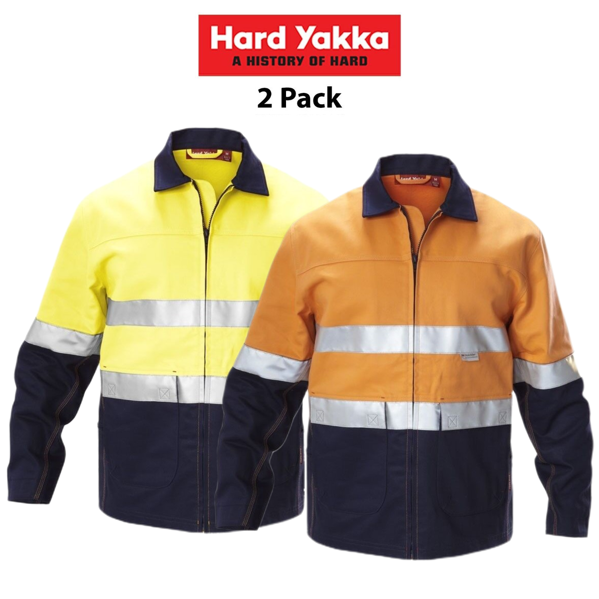 Hard Yakka Mens 2 Pack Foundations Hi-Vis 2 Tone Tape Cotton Work Jacket Y06545