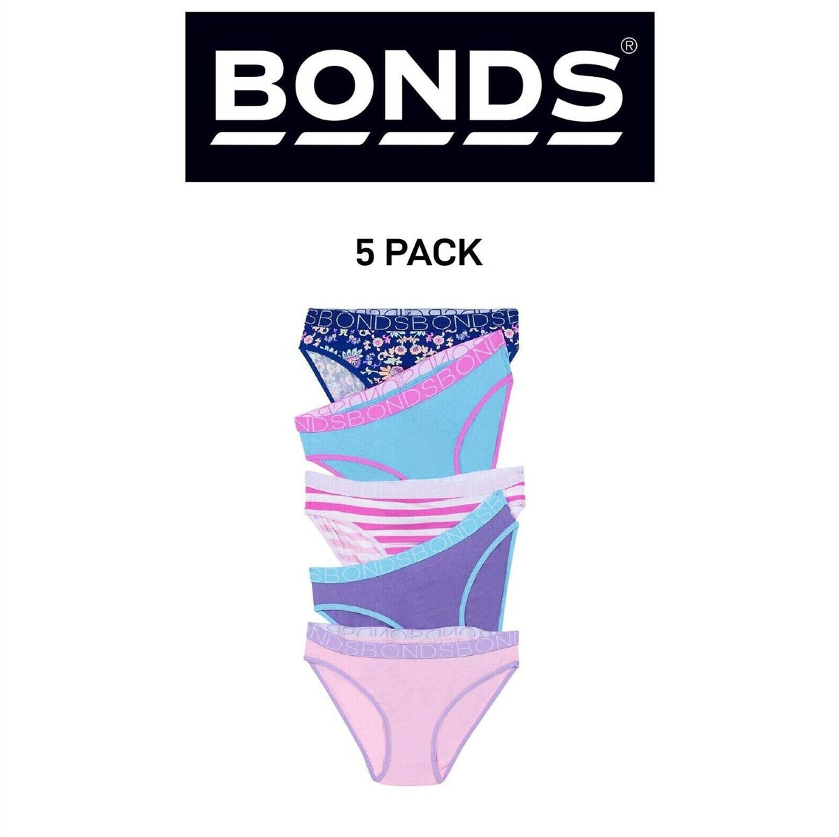 Bonds Girls Bikini Soft and Stretchy Fit Perfect Everyday Coverage 5 Pack UWNV5A