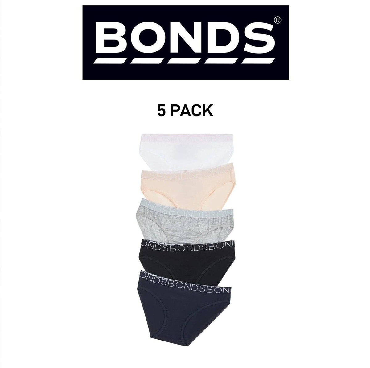 Bonds Girls Bikini Comfy Flexible Coverage Lightweight Breathable 5 Pack UWCE5A