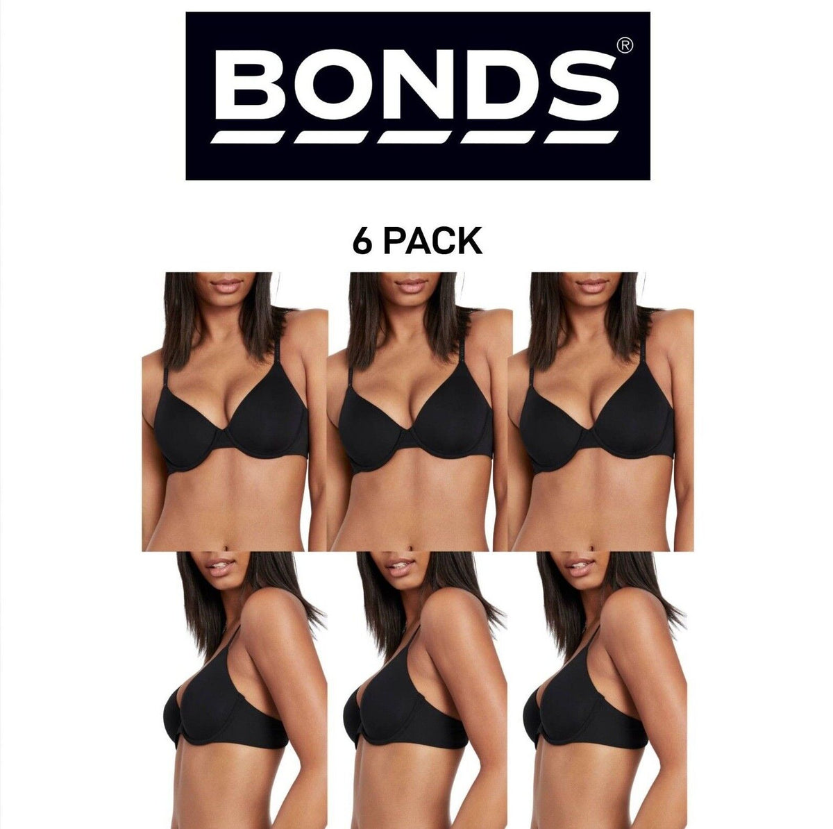 Bonds Womens Invisi Underwire T-Shirt Bra Comfy Flattering Neckline 6 Pack YXD9Y