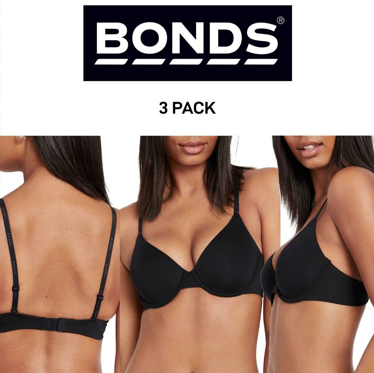 Bonds Womens Invisi Underwire T-Shirt Bra Comfy Flattering Neckline 3 Pack YXD9Y