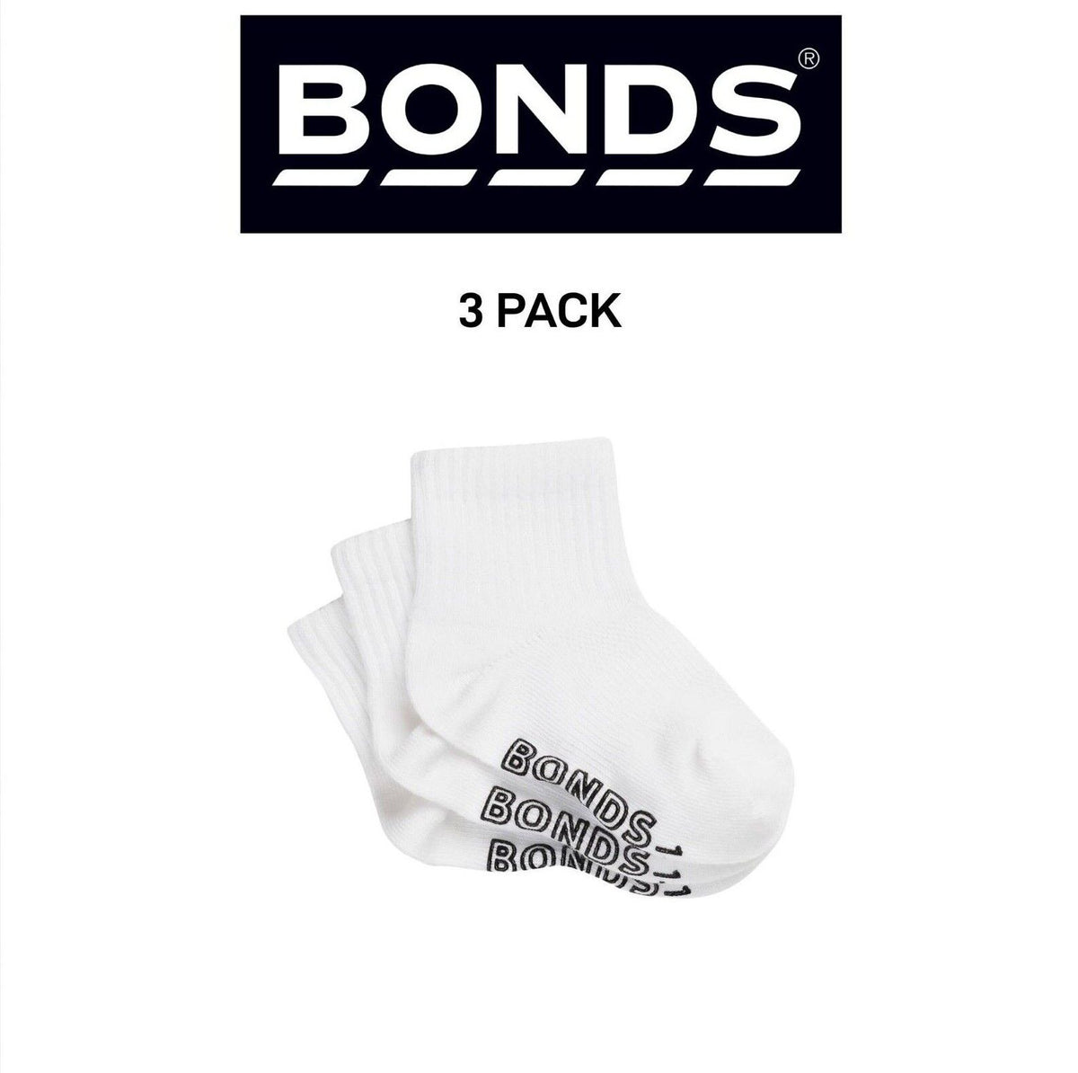 Bonds Baby Lightweight Quarter Crew Sock Comfy Cotton Grip Soles 3 Pack RXU83N