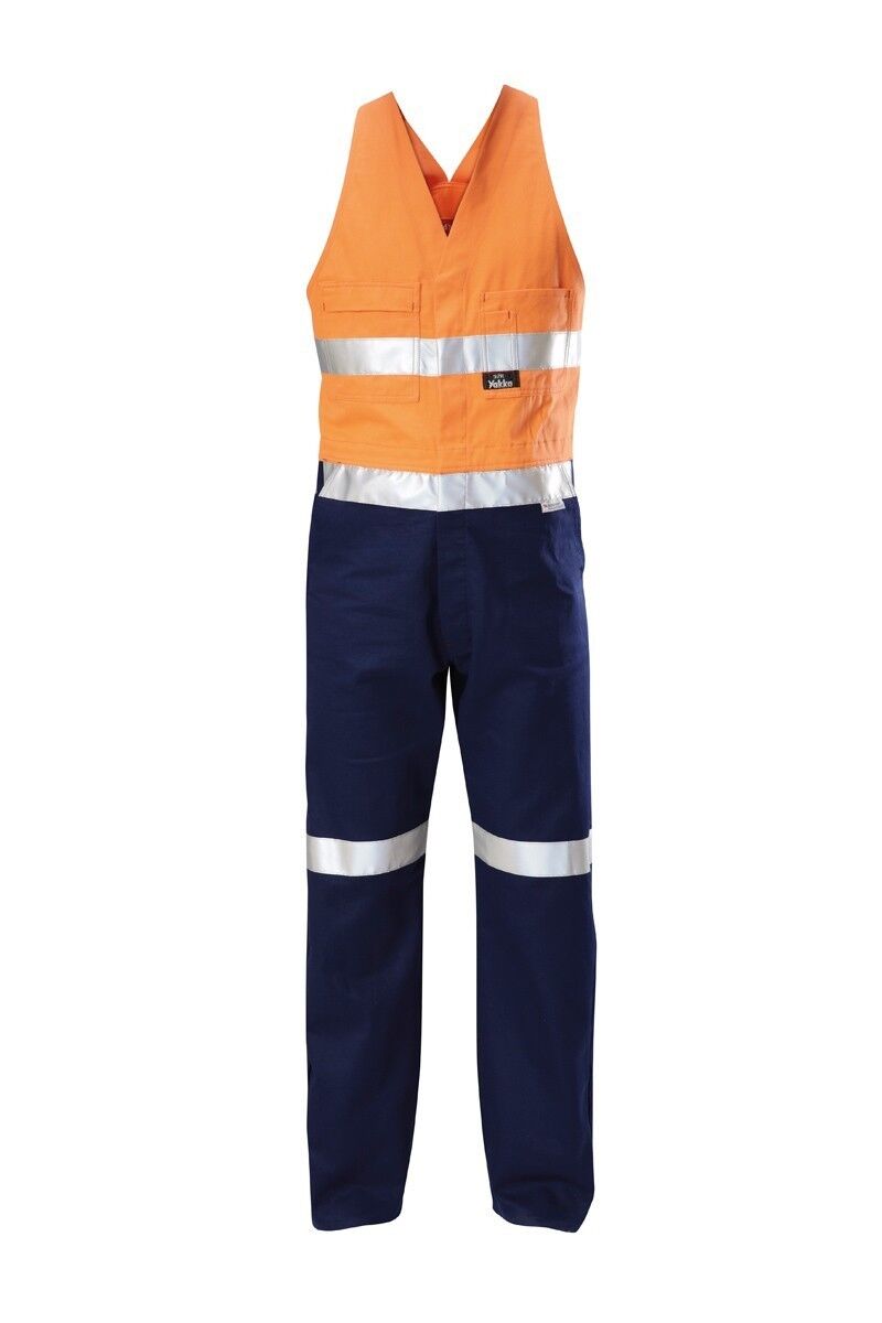  Hard Yakka 2 Pack Hi-Vis 2 Tone Cotton Drill Action Overalls Work Taped Y01055