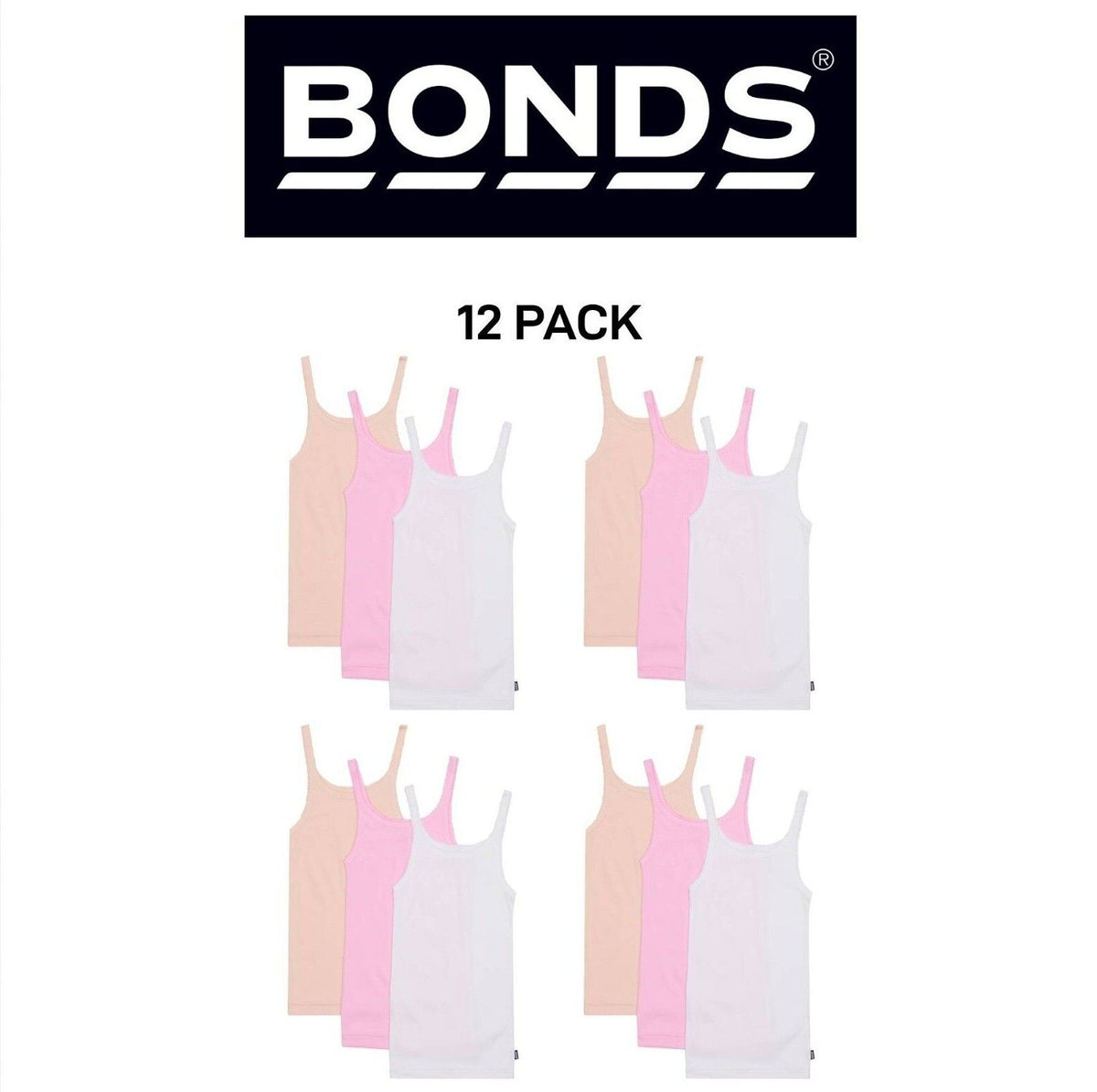 Bonds Girls Teena Singlet Super Stretchable Stay Comfortable 12 Pack UYG43A