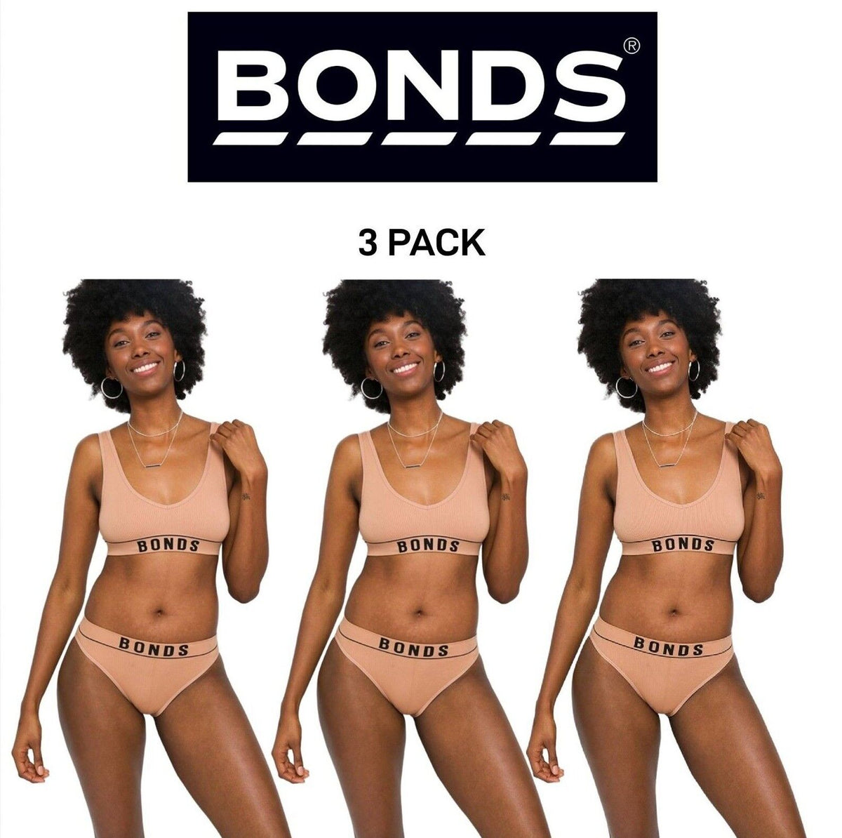 Bonds Womens Retro Rib Hi Leg Bikini Full Coverage Stretch Rib Knit 3 Pack WU8GT