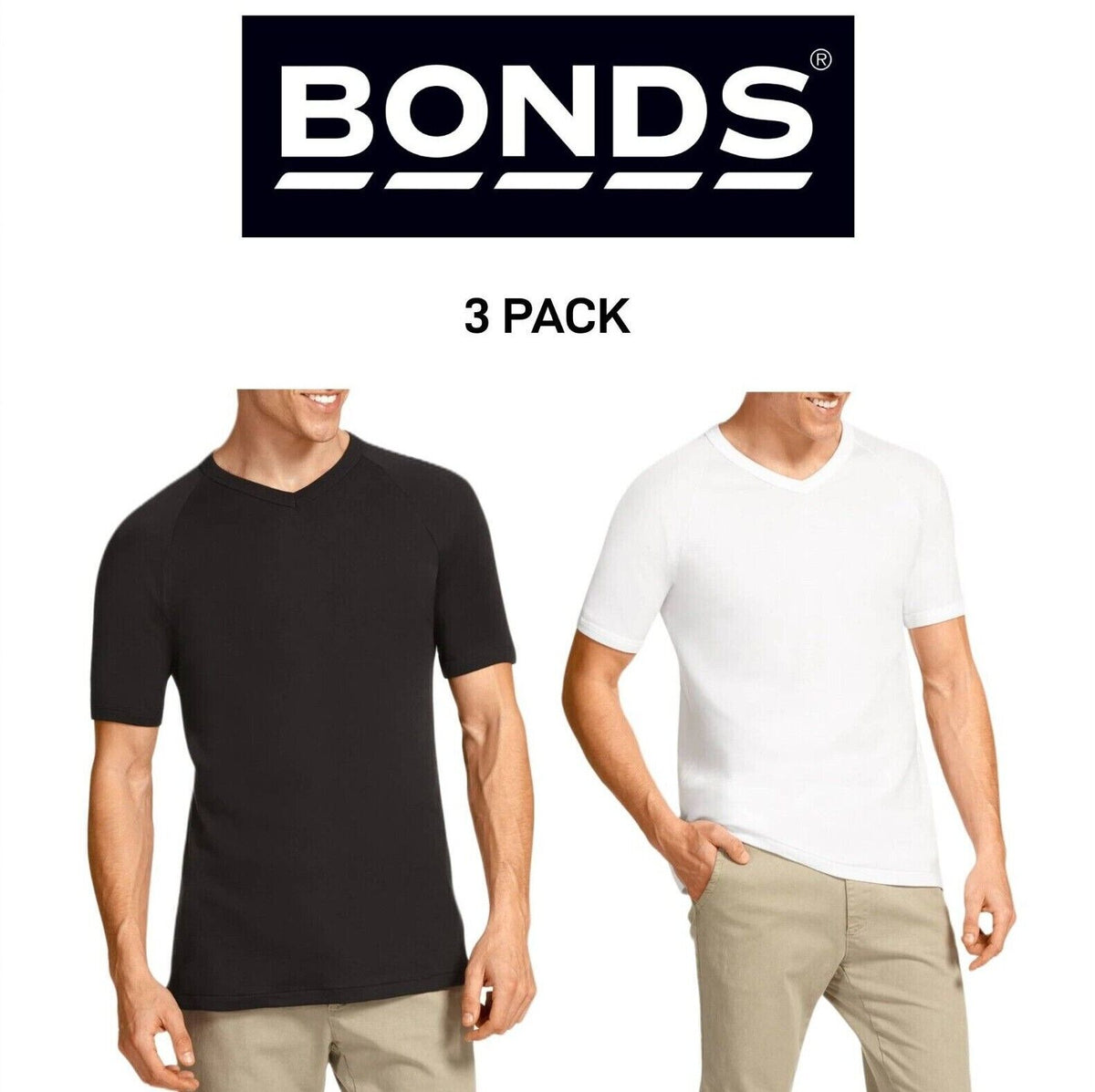 Bonds Mens Genuine V-Neck Raglan Tee Seamfree Sleeve in Smaller Size 3 Pack M976