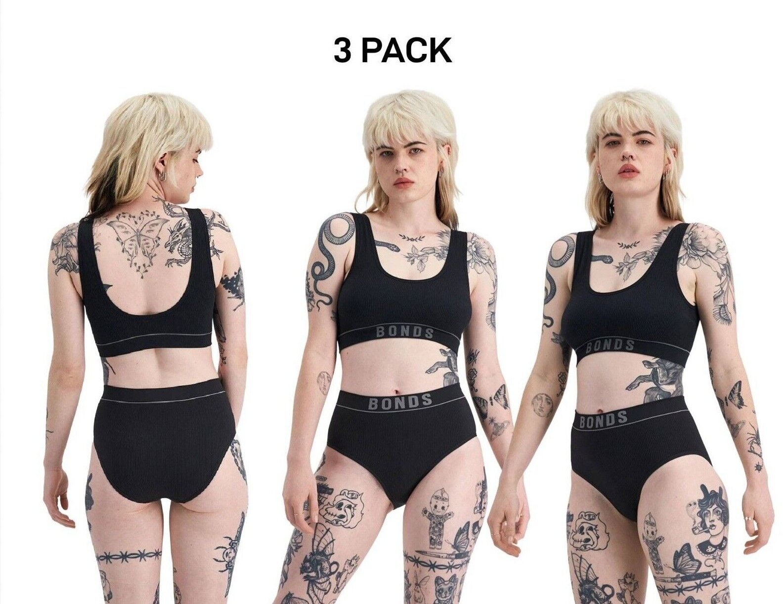 Bonds Womens Retro Rib Seamless Hi Hi Bikini High Waist & High Leg 3 Pack WU8FT