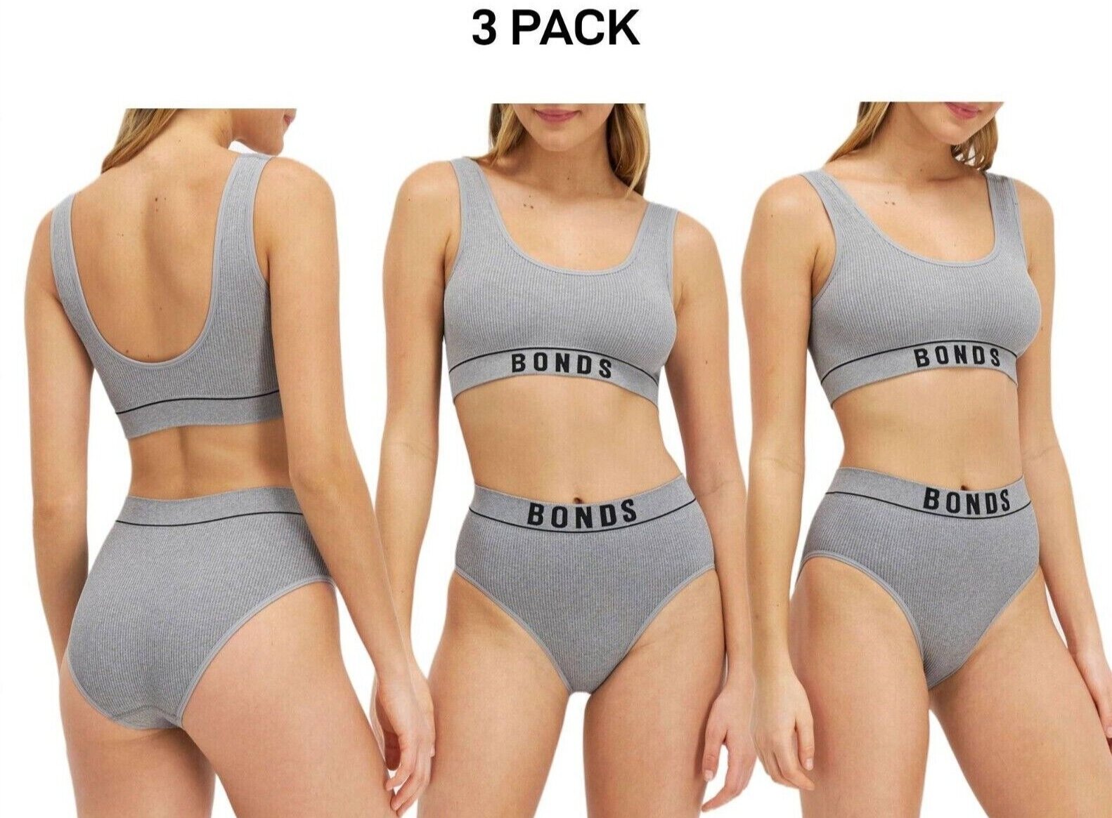 Bonds Womens Retro Rib Hi Hi Bikini Smooth Comfy Stretchable Knit 3 Pack WU8FA