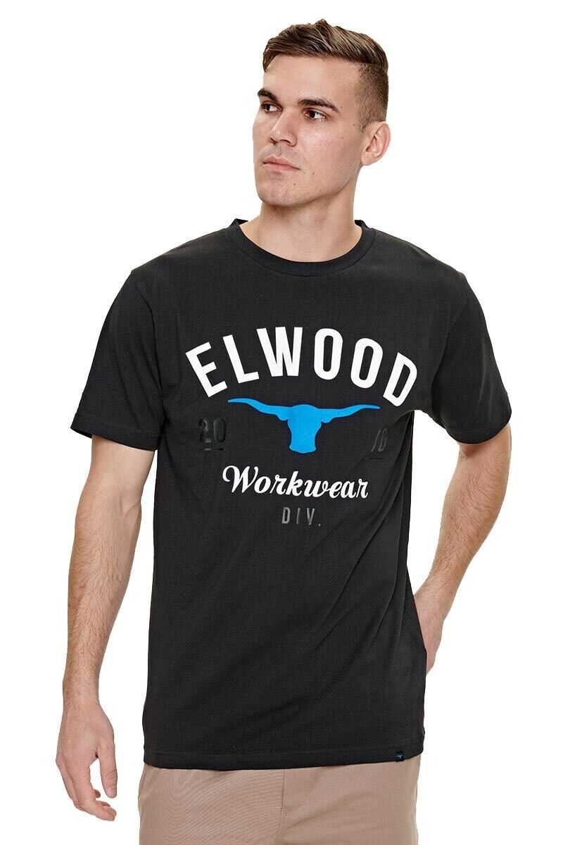 SALE Elwood Mens Bulls Horns Tee Cotton Short Sleeve Stretch T-Shirt Work EWD811