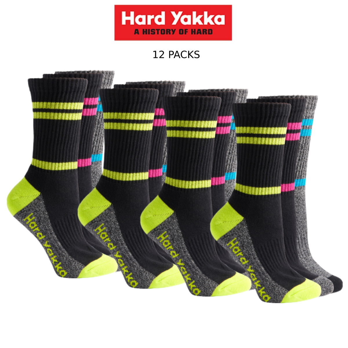 Hard Yakka Womens Crew 12 Pack Work Socks Multi Colored Cotton Comfort Y20120