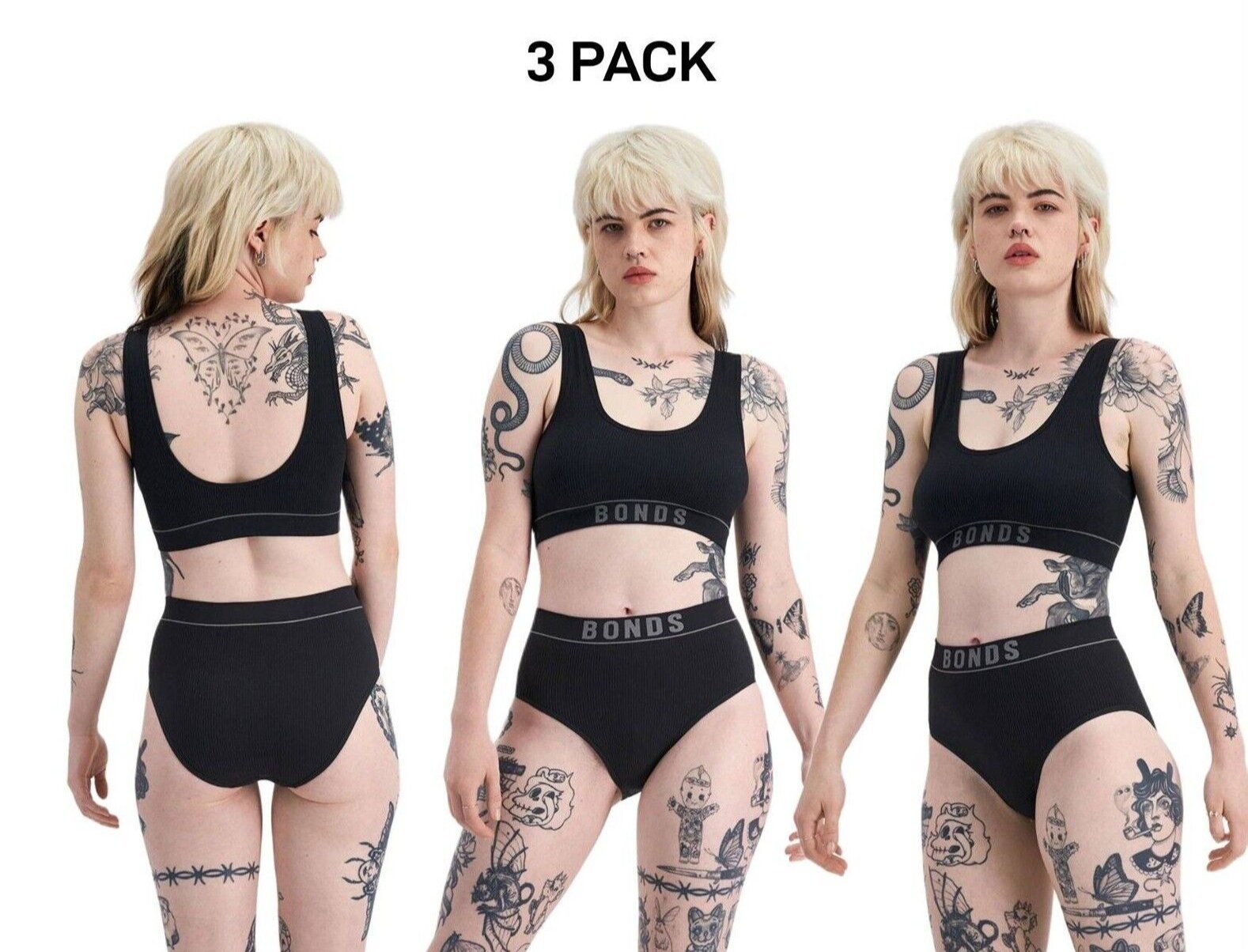 Bonds Womens Retro Rib Hi Hi Bikini Smooth Comfy Stretchable Knit 3 Pack WU8FA