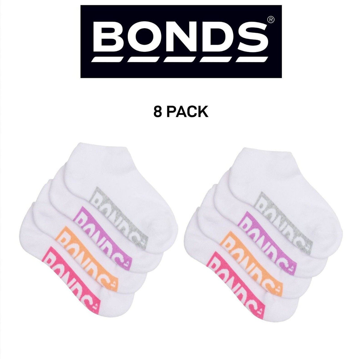 Bonds Kids Logo Light Low Cut Socks Comfy Lightweight Breathable 8 Pack RXU74W