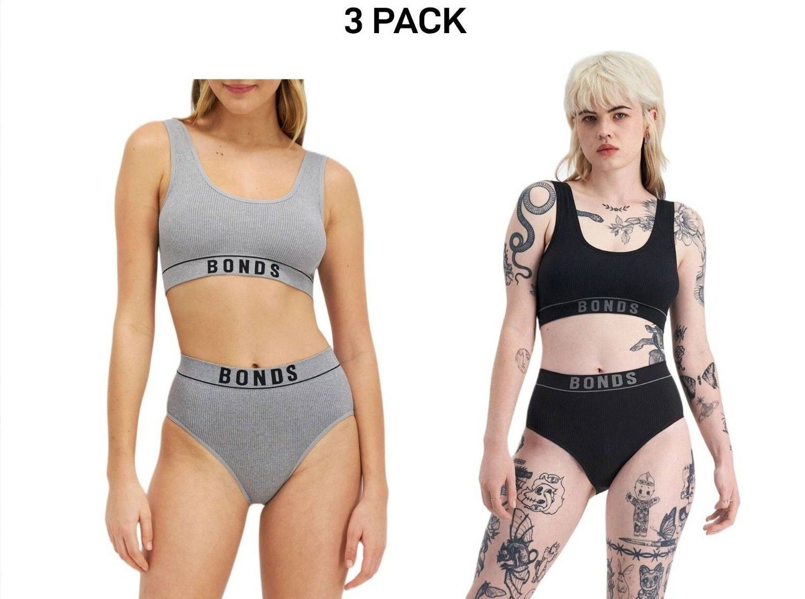 Bonds Womens Retro Rib Hi Hi Bikini Smooth Comfy Stretchable Knit 3 Pack WU8FA