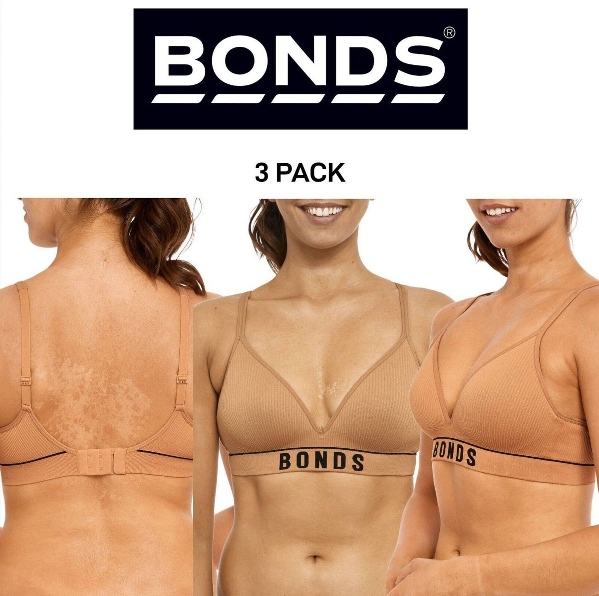 Bonds Womens Retro Rib Wirefree Tee Bra Soft & Supportive Underband 3 Pack YXF7W