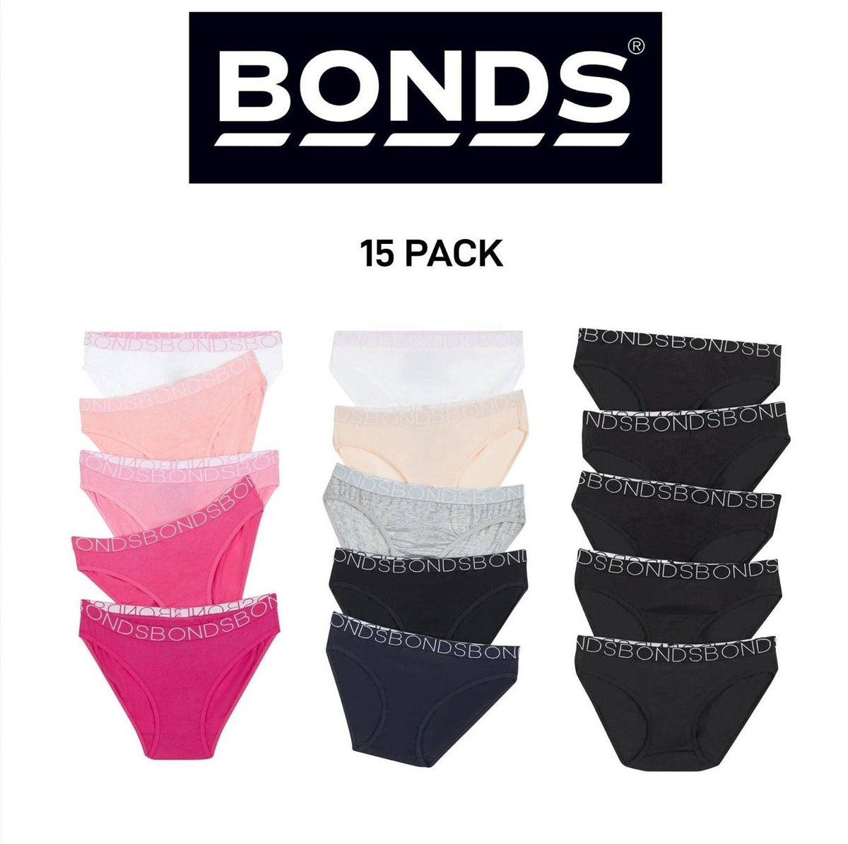 Bonds Girls Bikini Comfy Flexible Coverage Lightweight Breathable 15 Pack UWCE5A