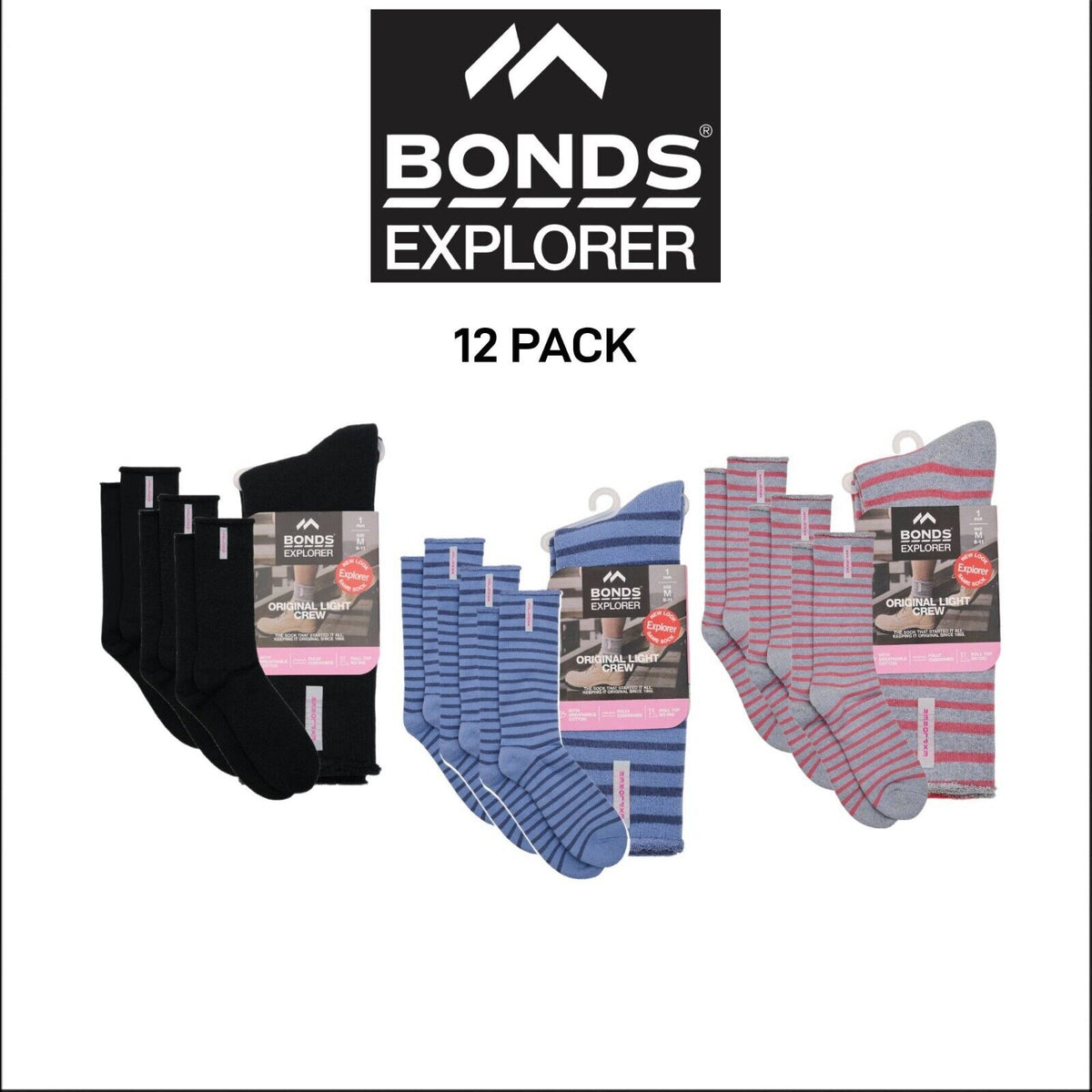 Bonds Explorer Womens Original Lightweight Cushioned Crew Socks 12 Pack L1757W