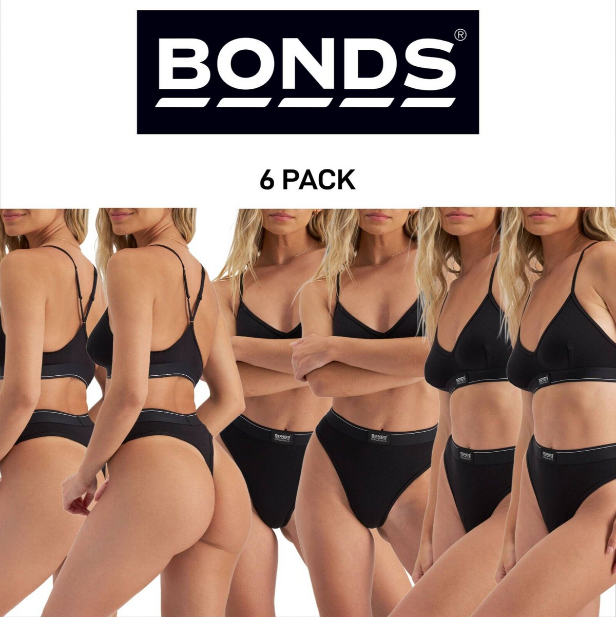 Bonds Womens Organics Ribbed Hi Gee Soft Elastic G-String Undies 6 Pack WTHF