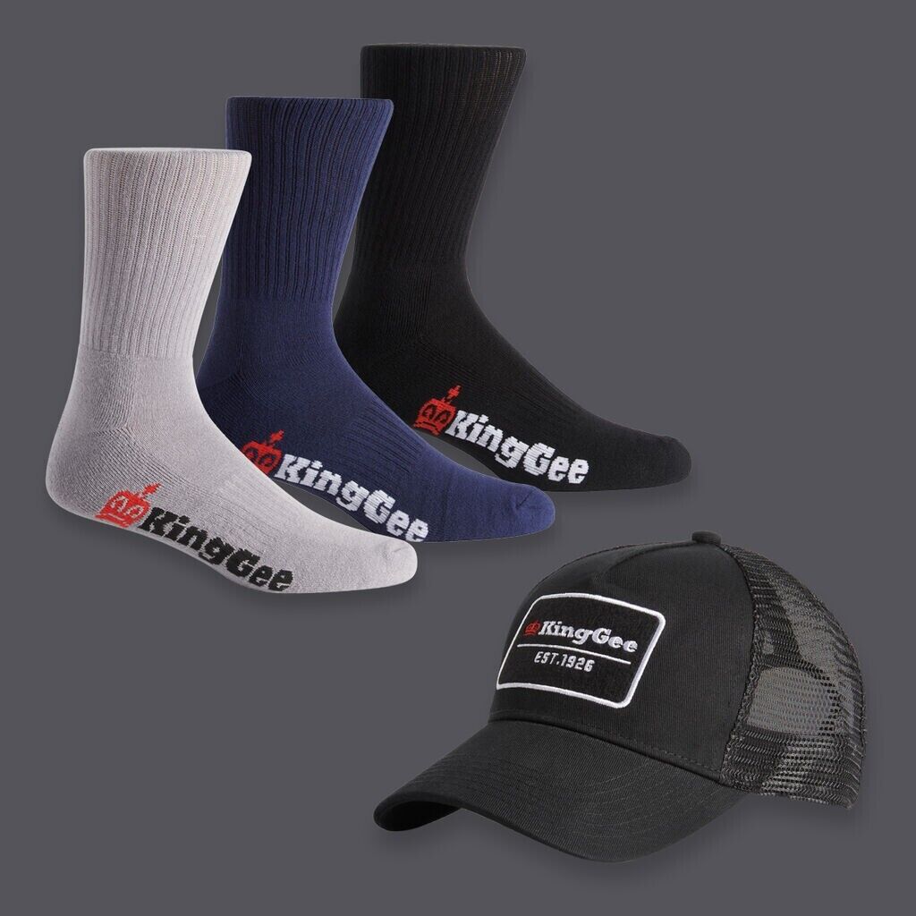 SALE! KingGee Unisex Bamboo Crew Socks Trucker Adjustable Cap Sock Bundle K09009