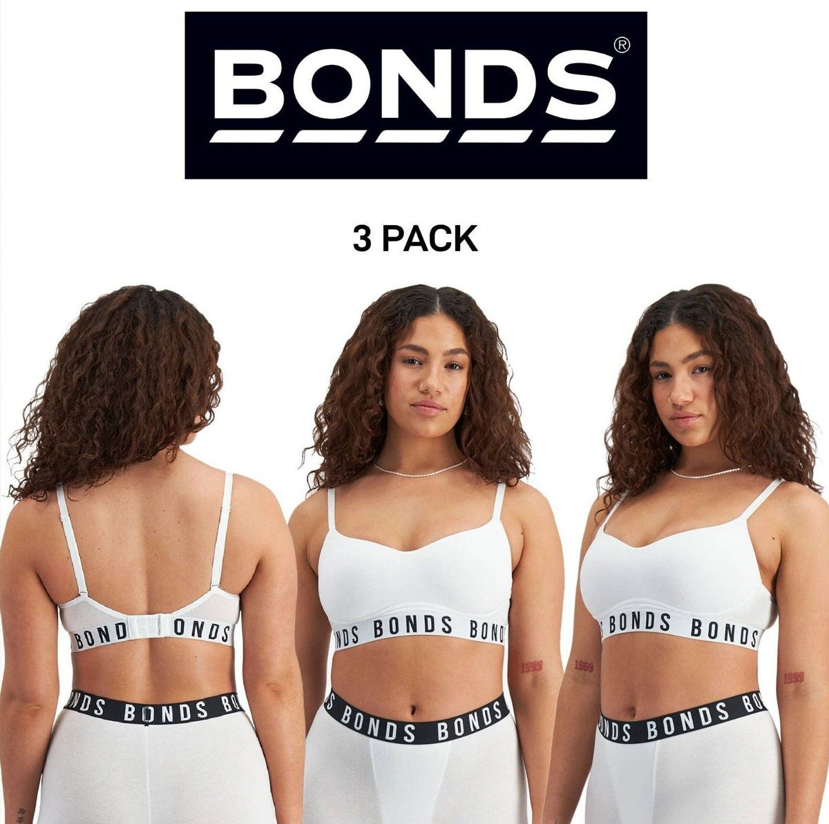 Bonds Womens Icons Wirefree Bra Soft Cotton Stretch Jacquard Elastic 3 Pack YWL4