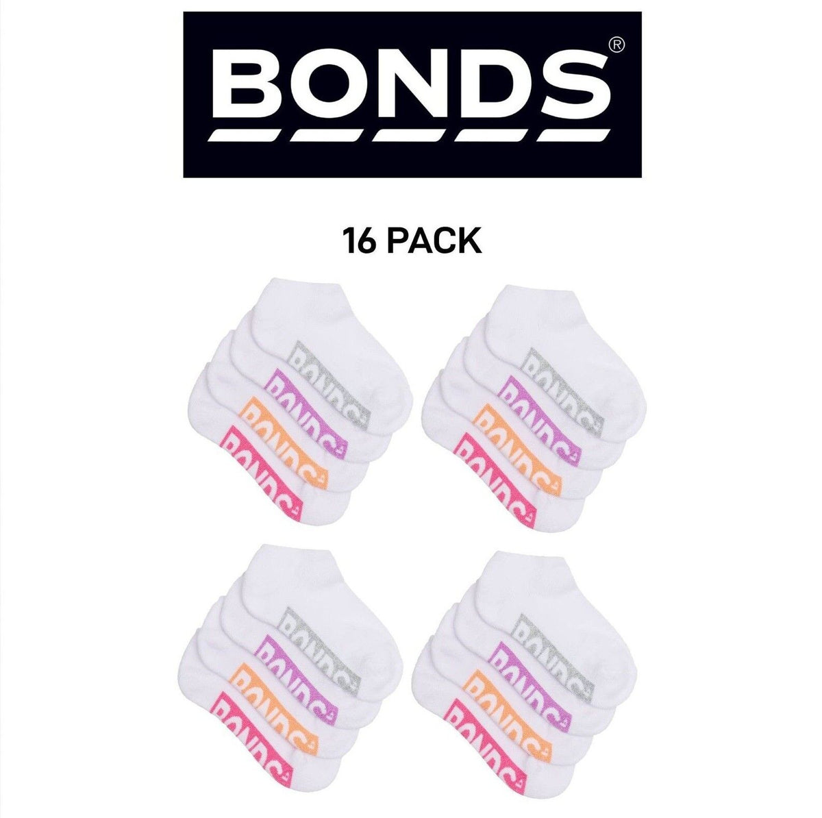 Bonds Kids Logo Light Low Cut Socks Comfy Lightweight Breathable 16 Pack RXU74W