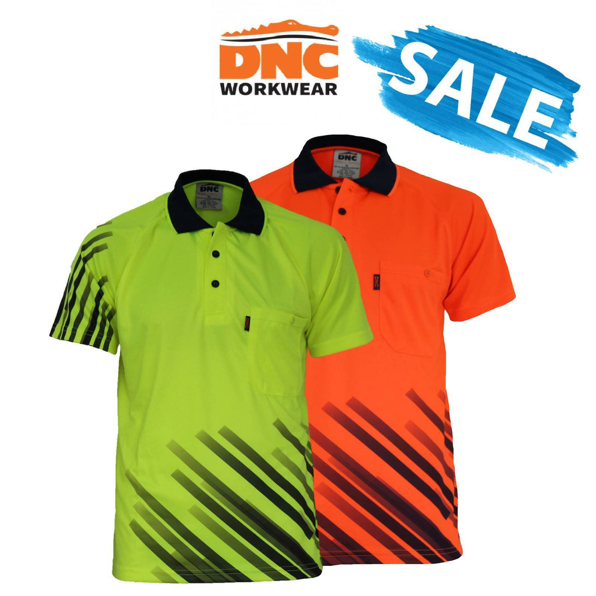 SALE DNC Mens Hivis Sublimated Stripe Workwear Safety Pockets Button Polo 3565