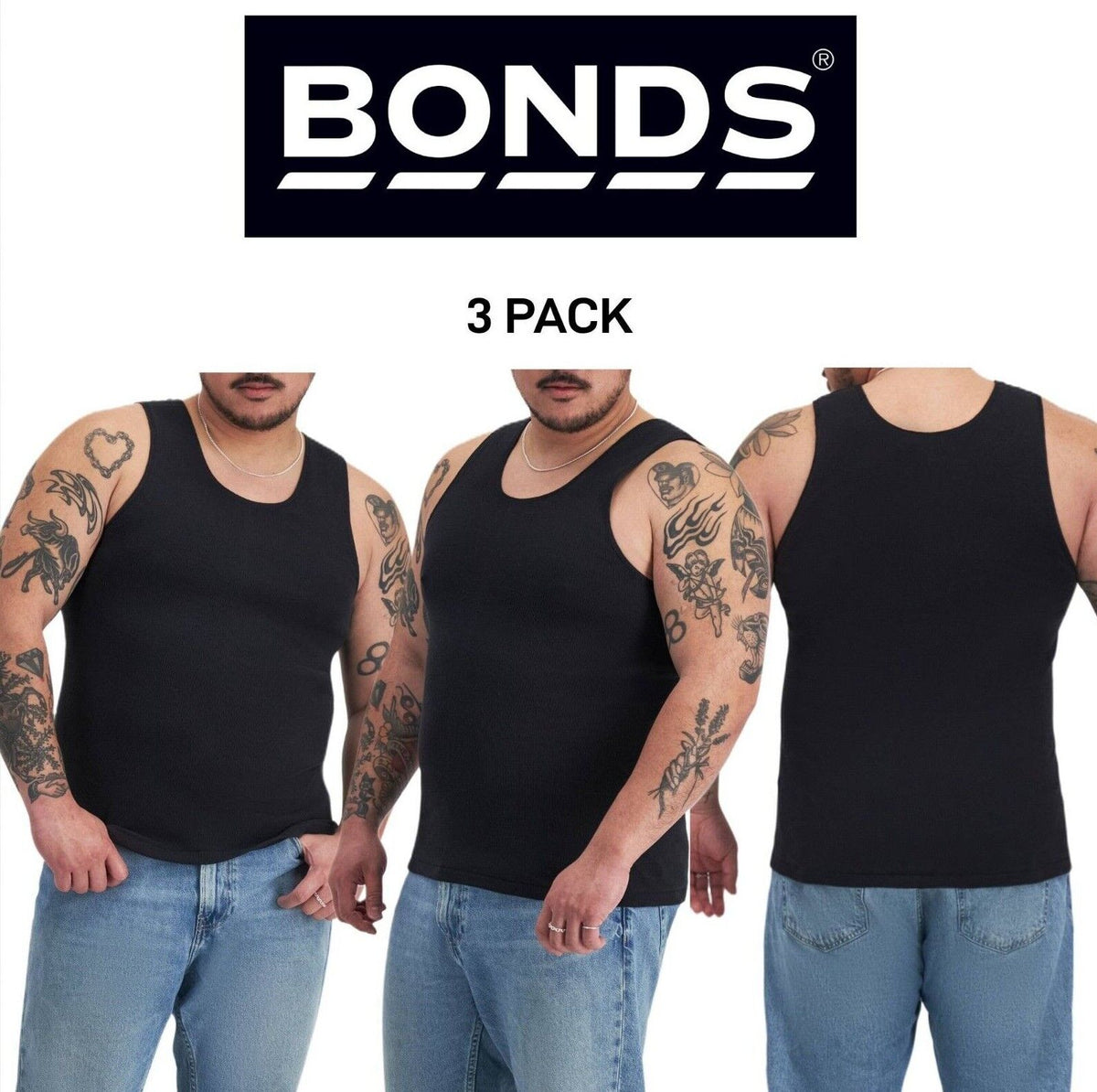 Bonds Mens Chesty Cotton Singlets Underwear Singlet Ribbed Cotton 3 Pack M757P