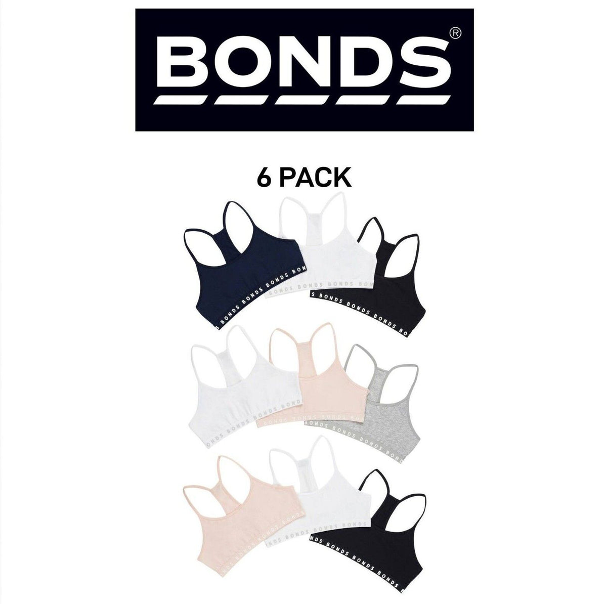 Bonds Girl Hipster Racer Crop Non-Slip Strap Racerback Shape Bra 6 Pack UWPT3A