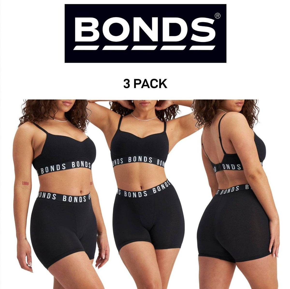 Bonds Womens Icons Super Logo Short Comfy Extra Coverage Mid-Length 3 Pack WR4V