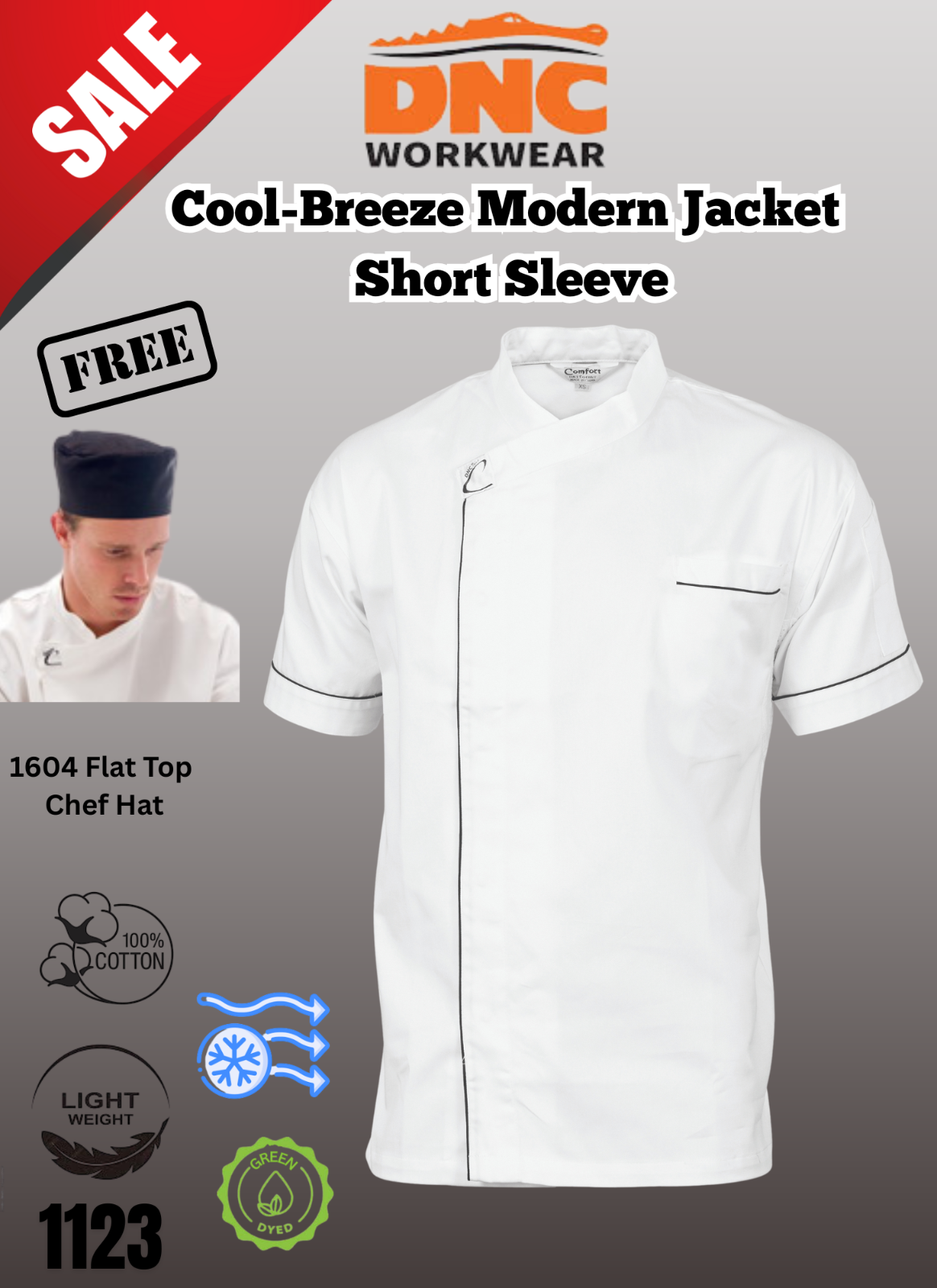 DNC Cool Breeze Modern Jacket Short Sleeve FREE Flat Top Chef Hat 1123