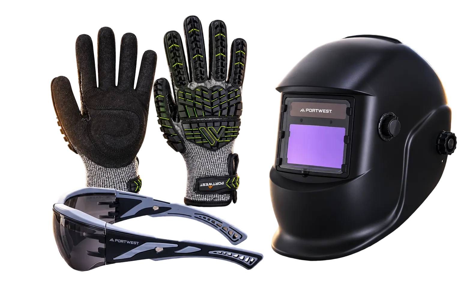 Portwest PPE Safety Gear Bundle – Impact Gloves, Safety Glasses & Welding Helmet PWSET001