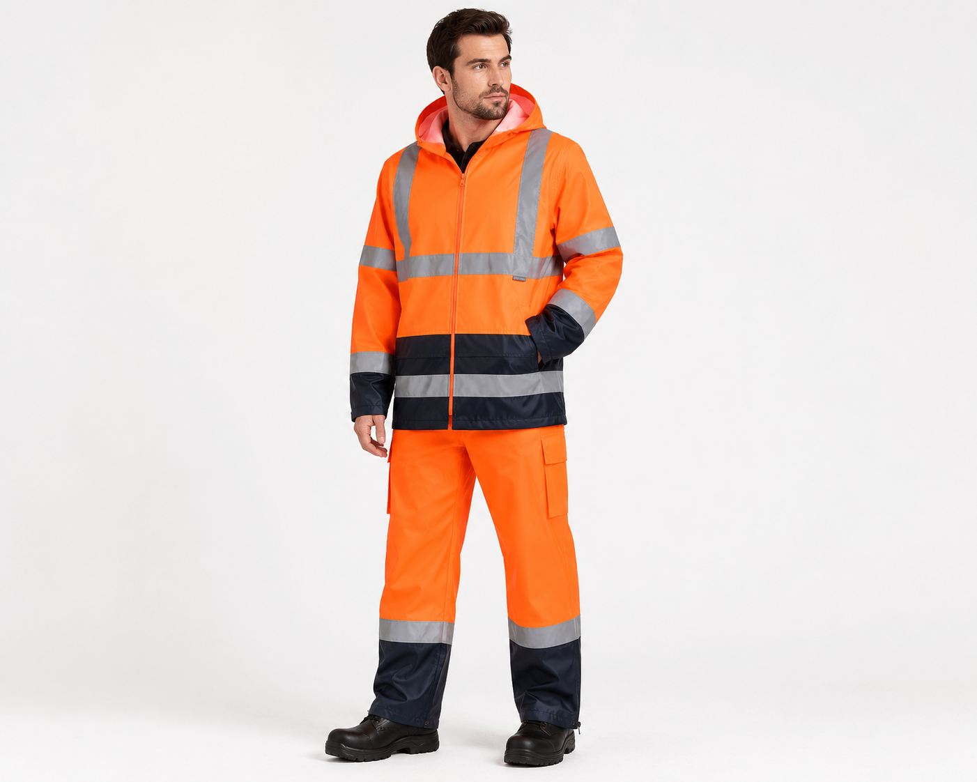 Portwest Hi-Vis Orange &amp; Navy Waterproof Rain Jacket & Pants Set PWSET007
