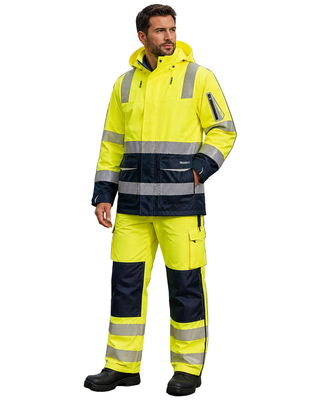 A man wearing a high-visibility waterproof work jacket and matching trousers with reflective stripes, standing in a wet industrial yard.